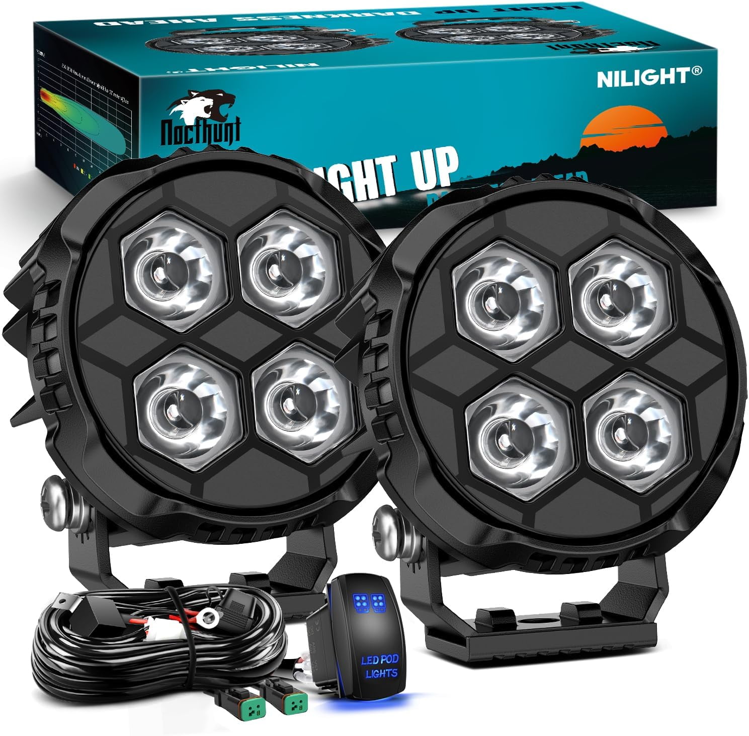 Nilight LED Pod Light 2 PCS 3.1 Inch 20W 4 LED Round Hyper Spot Beam Offroad Driving Lights w/18AWG Rocker Switch Wiring Harness Kit for Truck Motorbike Boat ATV UTV