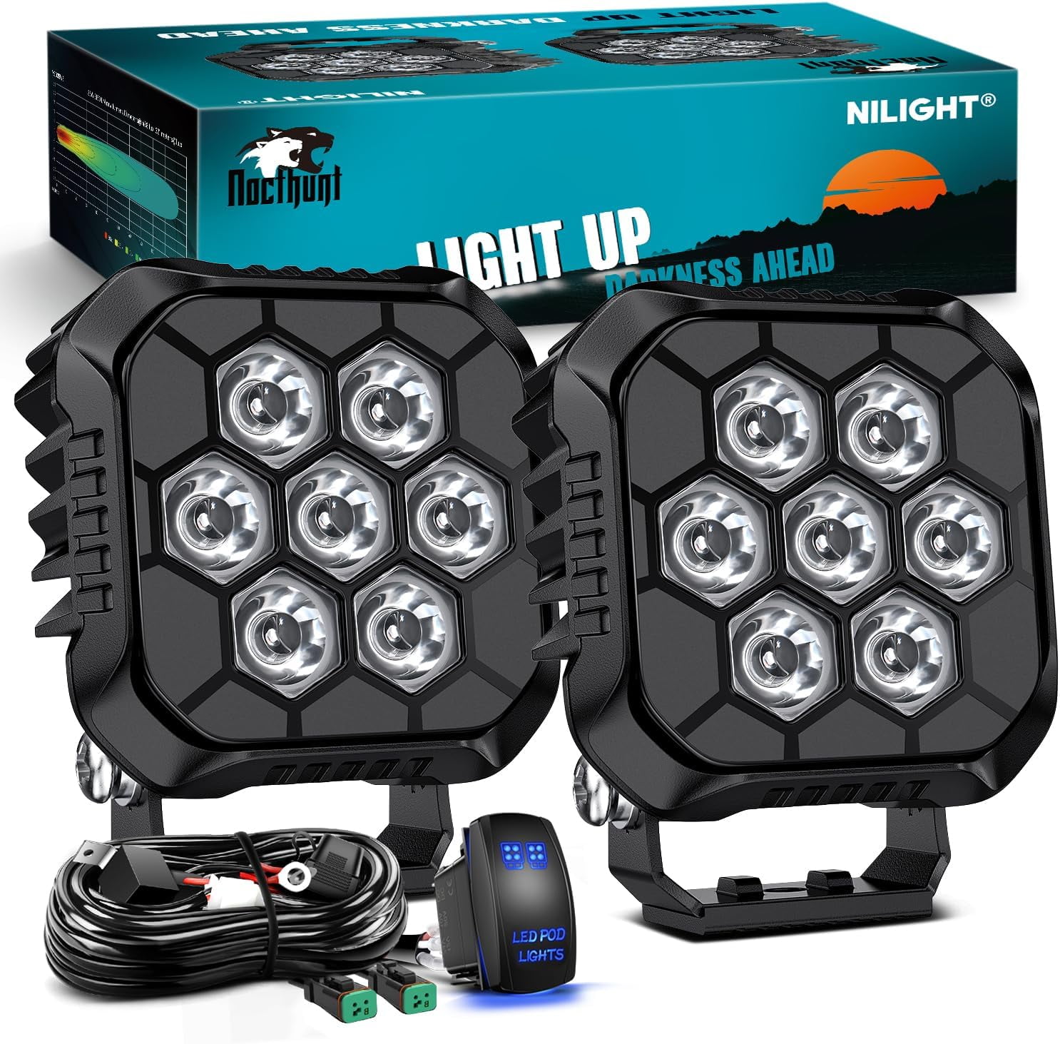 Nilight LED Pod Light 2 PCS 3.8 Inch 35 W 7 LED Square Hyper Spot Beam Offroad Driving Lights w/16 AWG Rocker Switch Wiring Harness Kit for Truck Motorbike Boat ATV UTV