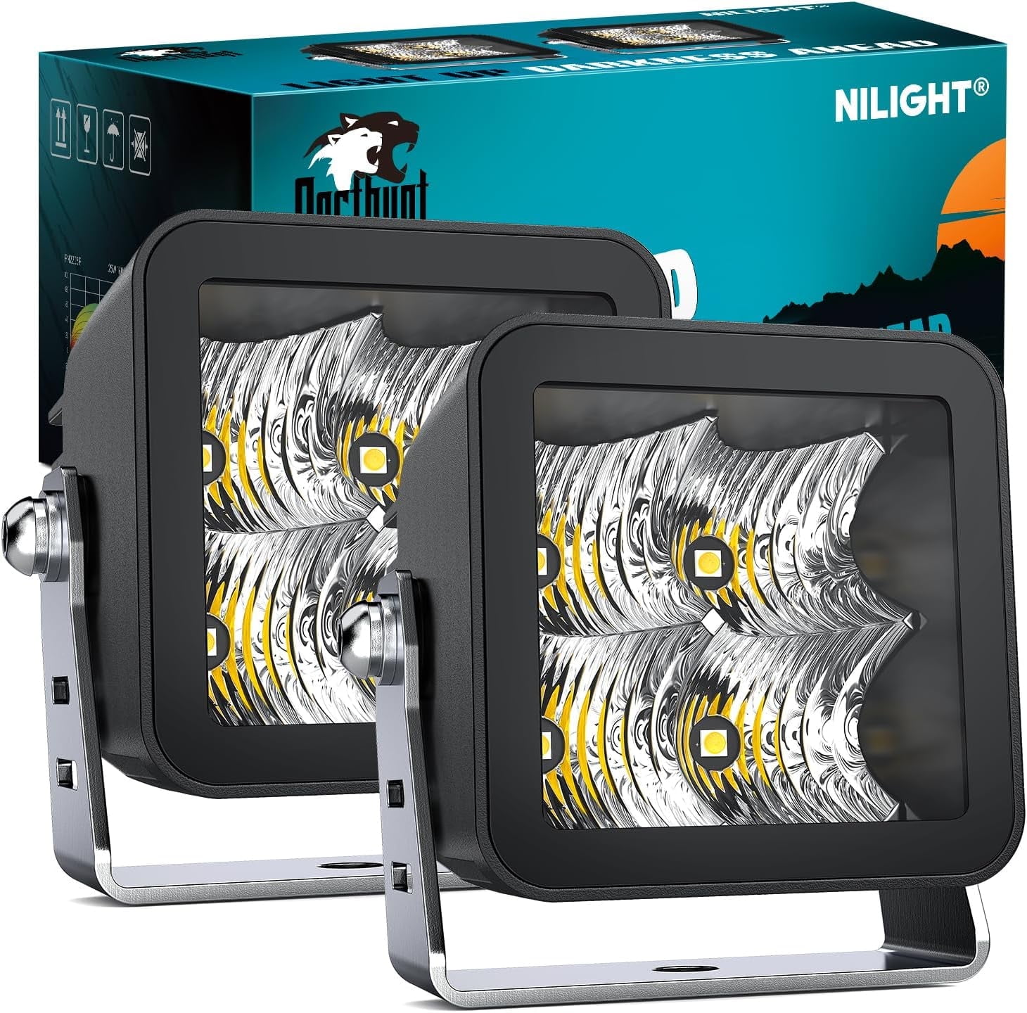 Nilight LED Pod Lights 2PCS 3 Inch 4LED Flood Beam Square Driving Work Lights Built-in EMC Offroad Lights Side Light Rear Back-Up Light for Tractor Truck Motorcycle Boat ATV, 2 Years Warranty