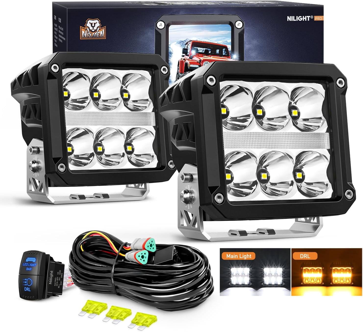 Nilight LED Pod Lights with Amber DRL 4 Inch 60 W Square 6487 LM Super Spot Light w/ 16 AWG Wiring Harness Kit for Auxiliary Offroad Driving LED Work Lights for Truck UTV ATV SUV 4x4 Jeep