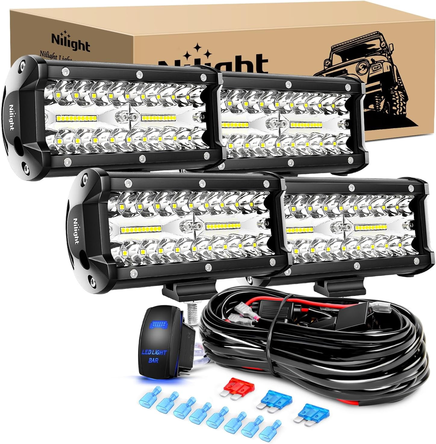 Nilight LED Pods 4PCS 6.5 Inch 120W Light Bar Triple Rows Spot Flood Combo Driving Lights 5Pin Rocker Switch Wiring Harness Kit-4 Leads