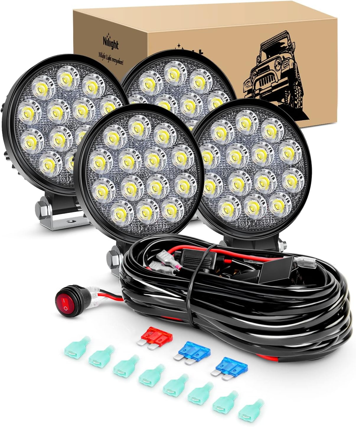 Nilight LED Pods 4Pcs 4.5Inch 42W Round Flood Off Road Fog Lights Driving Roof Light Bar Work Lighting 4200LM with 16AWG Wiring Harness Kit-4 Leads for Truck ATV UTV SUV Boat
