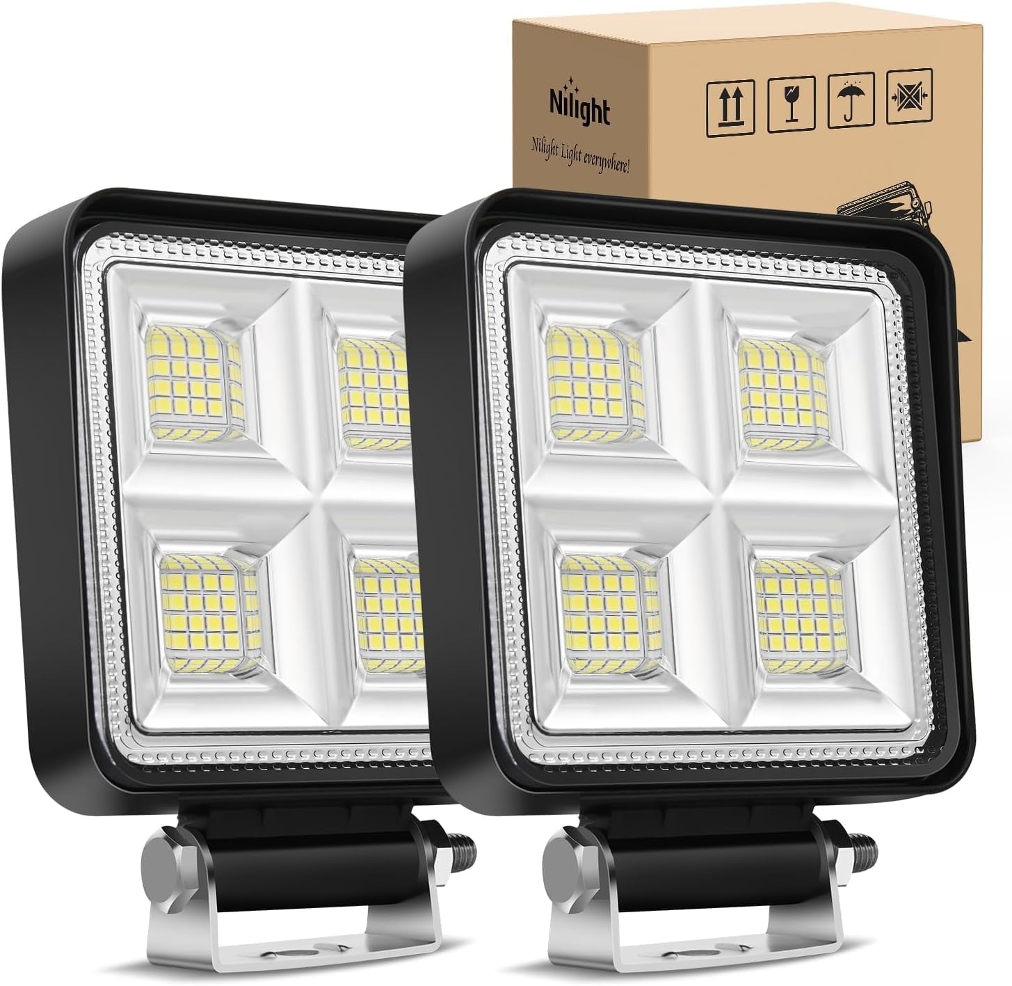 Nilight LED Tractor Lights LED Pod Lights Square 2PCS 4 Inch 64LED Flood LED Light Bar LED Fog Light Driving Light Led Work Light for Truck Off Road Vehicles ATV UTV Boat