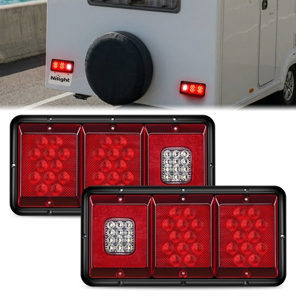 Nilight LED Triple Tail Light 2PCS Rectangle Red Stop Brake Turn Signals Light White Reverse Back Up Light Surface Mount Waterproof Trailer Camper Van RV Caravan Taillights