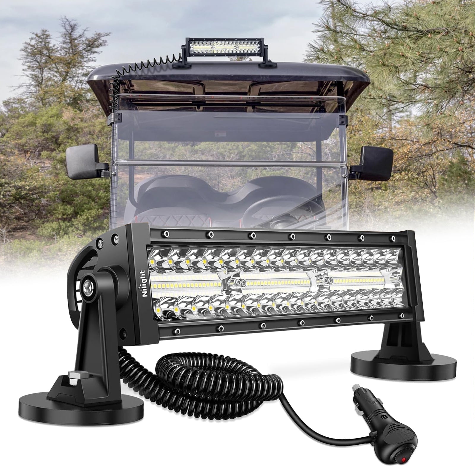 Nilight 13.5inch Led Light Bar Triple Row Cigarette Lighter Wiring Strong Magnetic Base Spot Flood Combo 96LEDs Fog Driving Work Roof Bumper Lights for Truck Tractor Golf Cart UTV