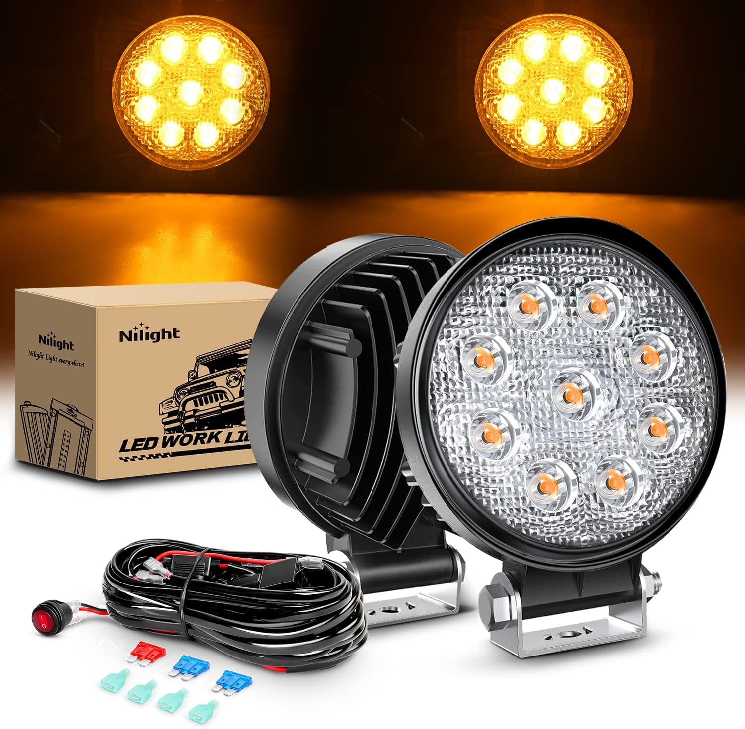 Nilight Led Light Bar 2PCS 4.5" 27W Amber LED Light Pods Round Spot Light Pod Off Road Fog Driving Roof Bar Bumper for SUV Truck with 16AWG Wiring Harness Kit-2 Leads, 2 Years Warranty