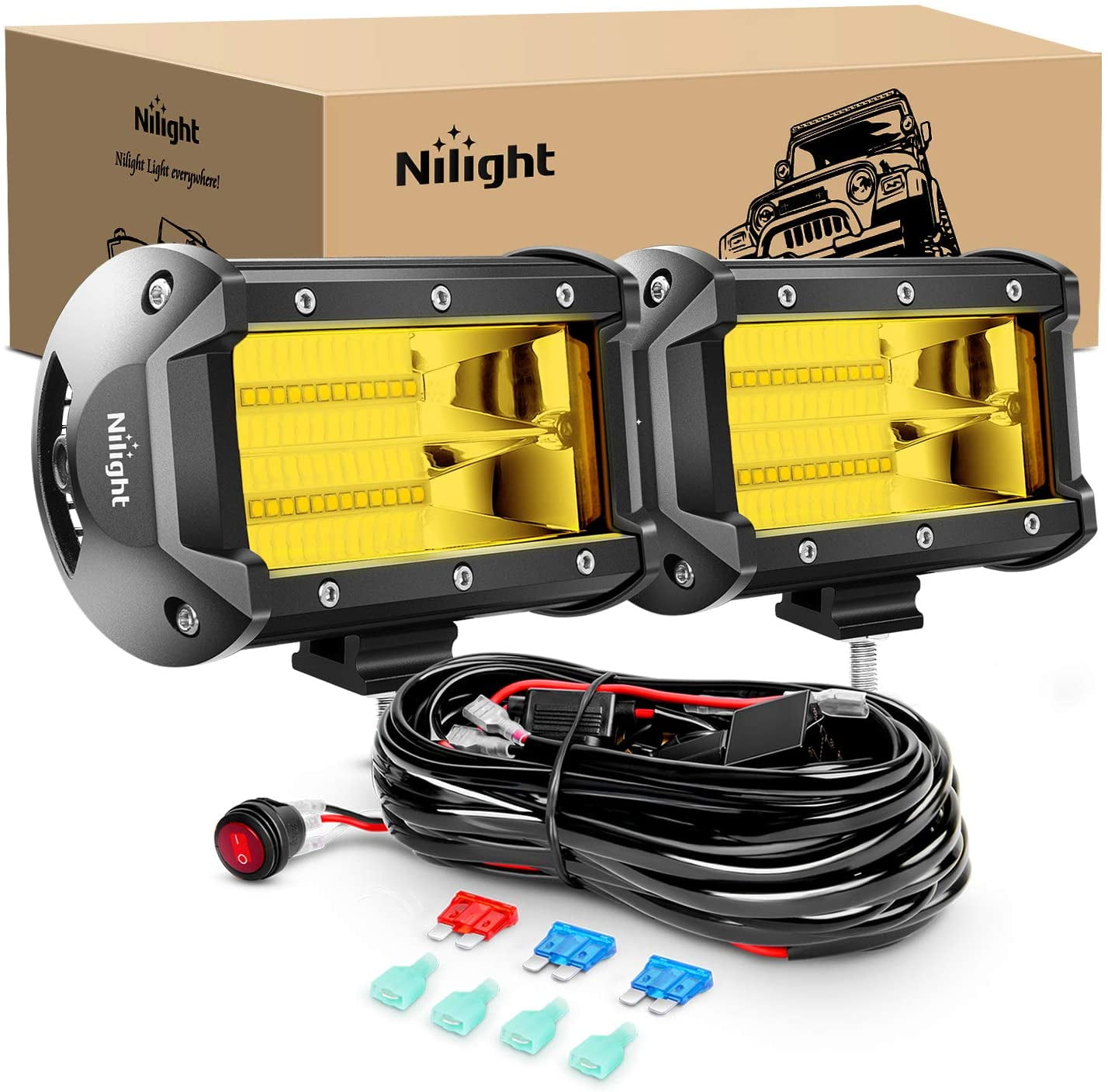 Nilight Led Light Bar 2PCS 5Inch 72W 10800Lumens Yellow Flood Beam Fog Driving  Lamps Off-Road Lights with 16AWG Wiring Harness Kit-2 Lead