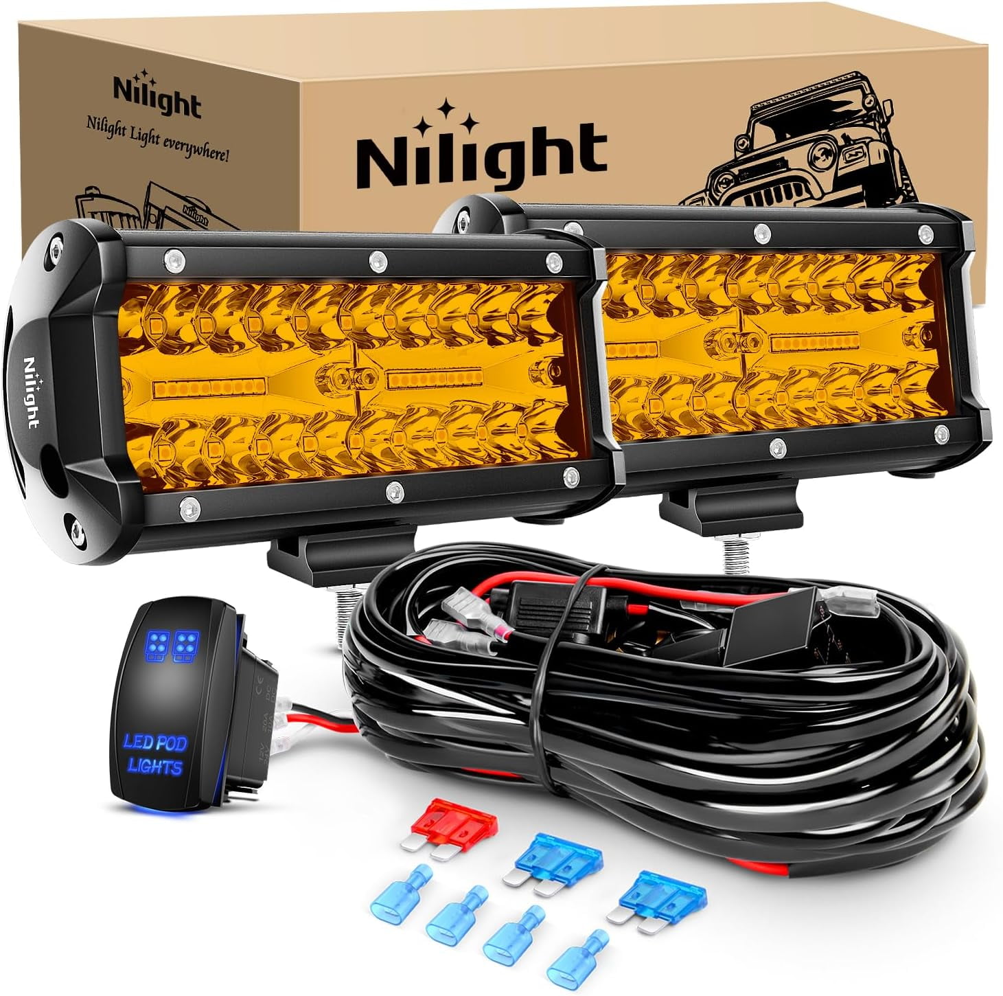 Nilight Led Light Bar 2PCS 6.5 Inch Amber 120W Spot Flood Combo Waterproof Triple Rows Off Road Fog Lights with 12V 5Pin Rocker Switch Wiring Harness Kit-2 Lead, 2 Year Warranty