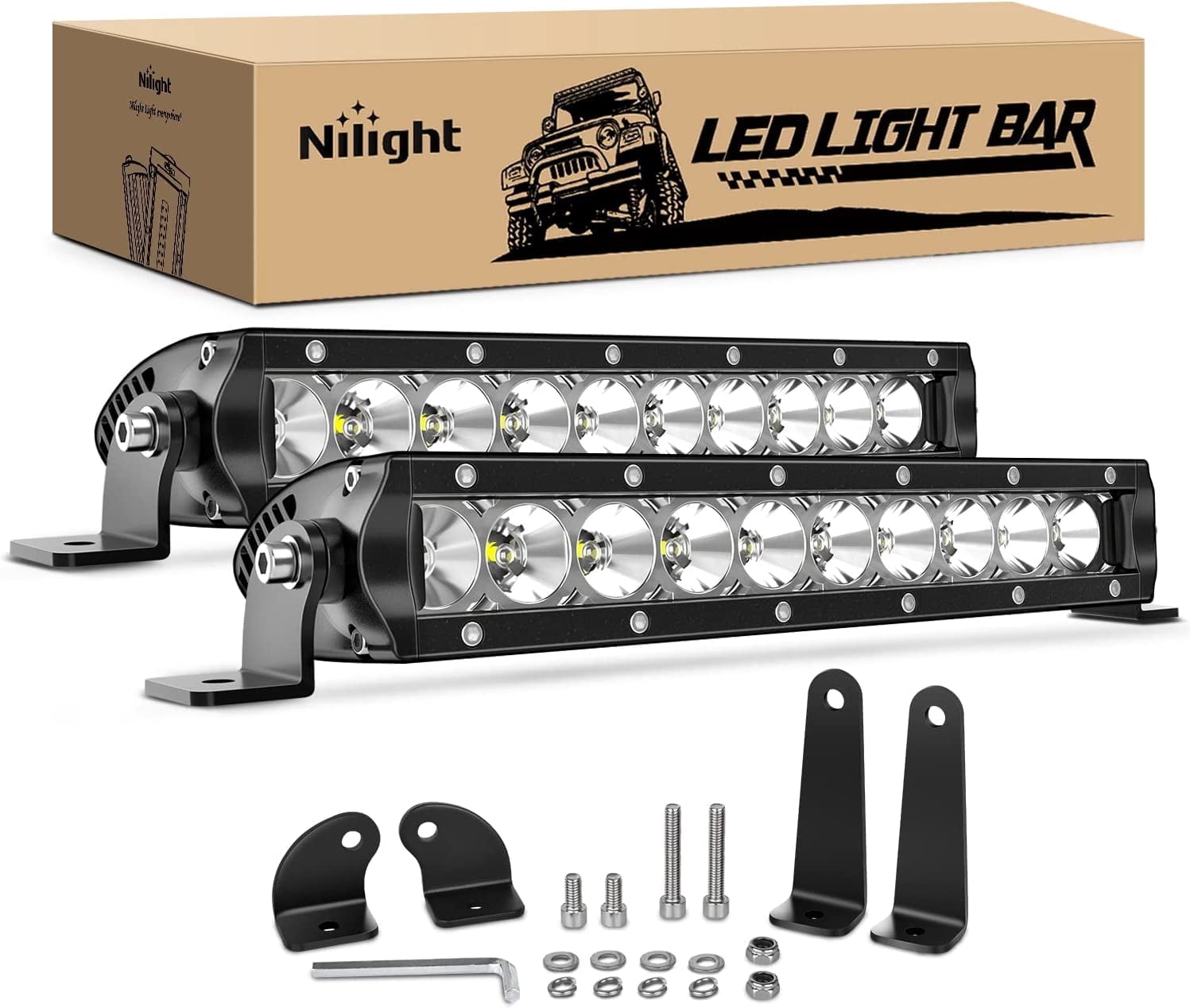 Nilight 2PCS 11 Inch 50W Super Slim Flood Led Light Bar 5000LM Driving Fog Light Single Row Off Road led Lights for Jeep - 2 Style Mounting Brackets