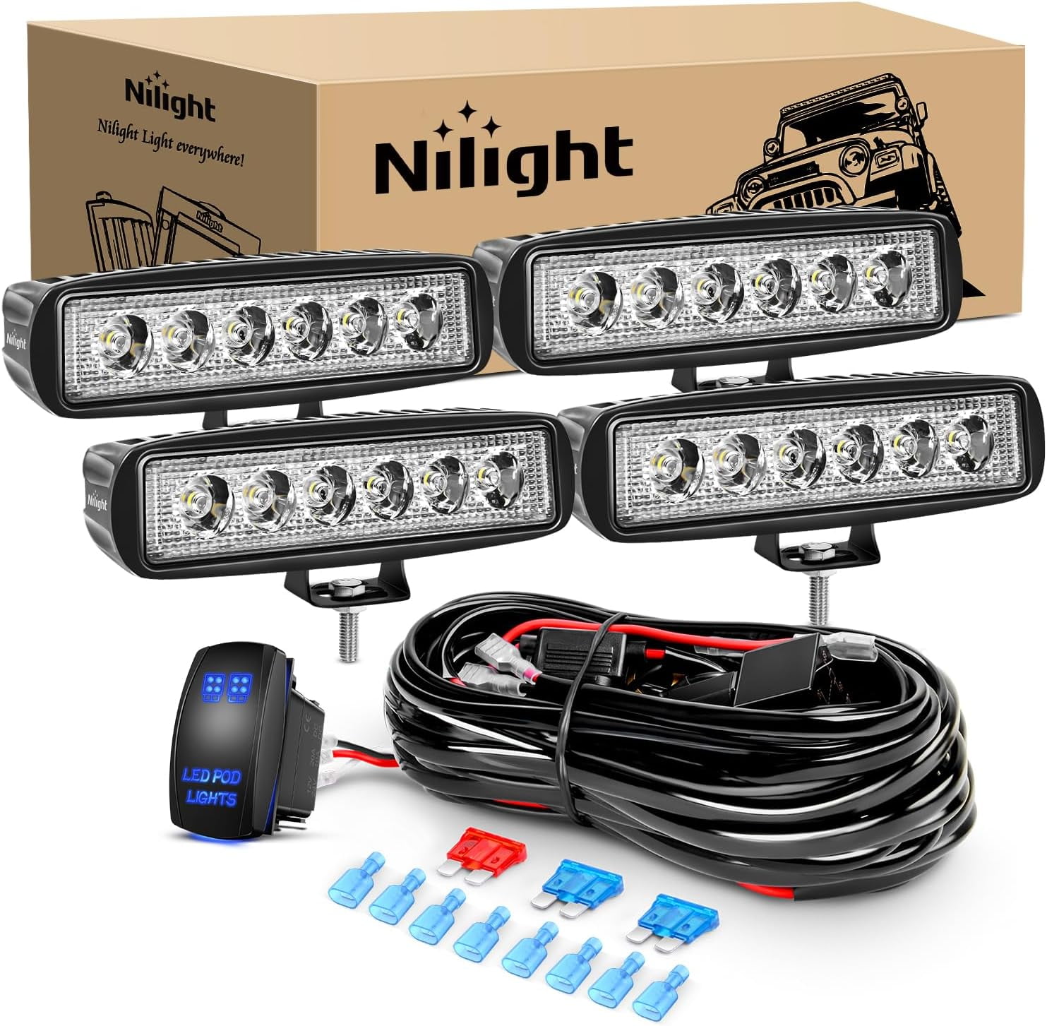 Nilight LED Pods 4PCS 18W 6Inch Flood Offroad Fog Light Bar Waterproof with 16AWG POD Lights Wiring Harness Kit for Boat SUV ATV 4WD Car Truck Golf Cart 12V 24V -4 Leads