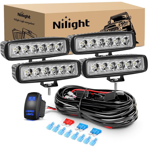 Nilight LED Pods 4PCS 18W 6Inch Flood Offroad Fog Light Bar Waterproof with 16AWG POD Lights Wiring Harness Kit for Boat SUV ATV 4WD Car Truck Golf Cart 12V 24V -4 Leads