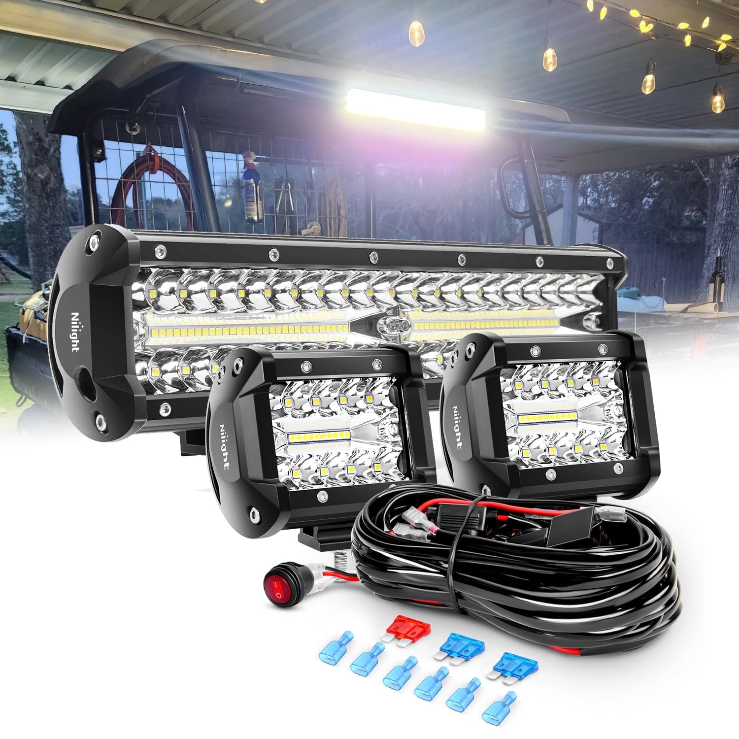 Nilight 12 Inch LED Light Bar 300W Spot Flood Combo with 2 Pcs 4 Inch 60W Light & Harness for Boat Lighting