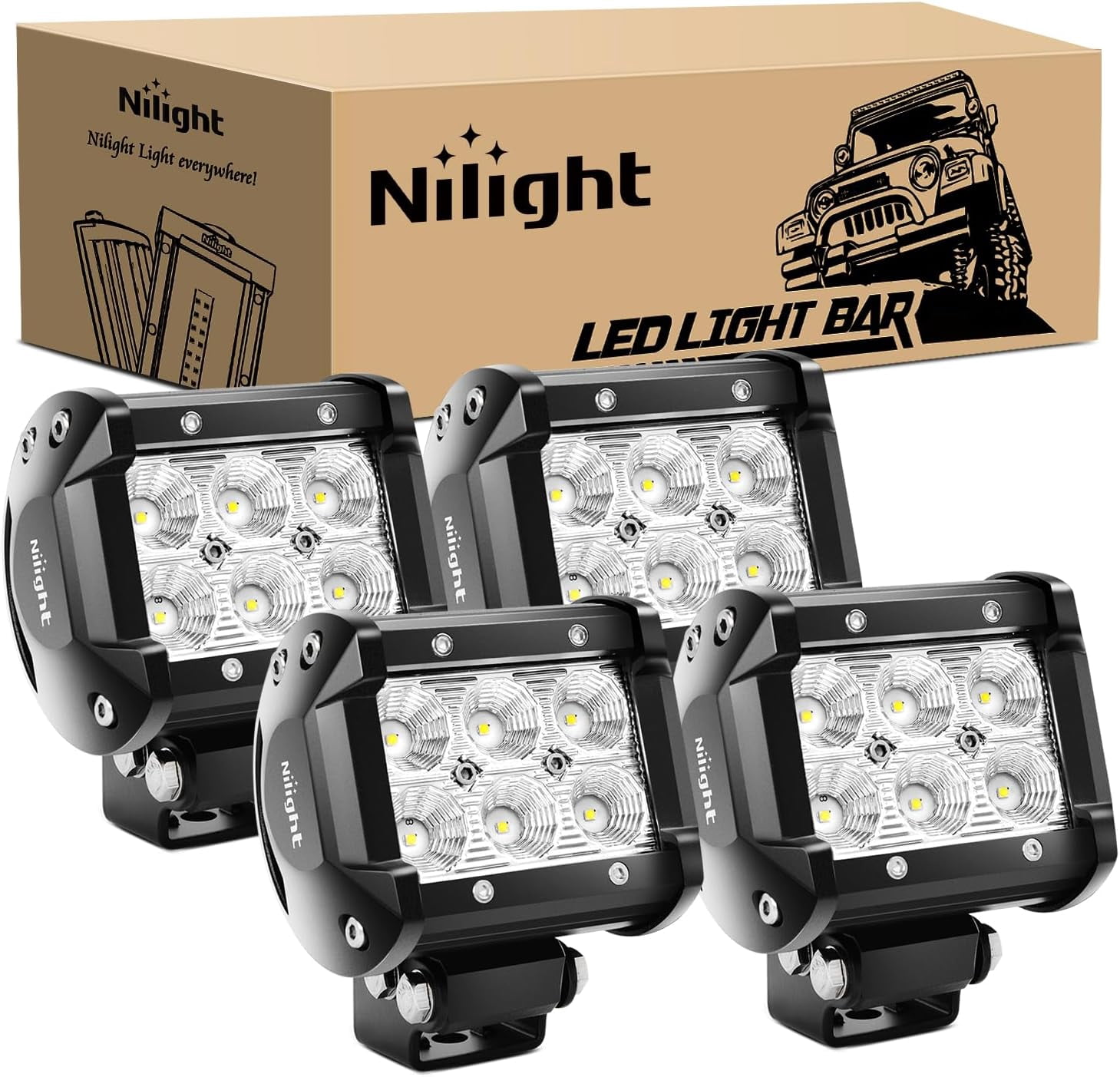 Nilight 18W LED Flood Light Bar Offroad Wide Illumination for Vehicles