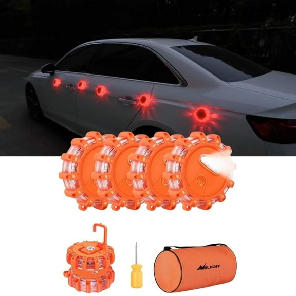 Nilight 6 Pcs LED Road Flares Emergency Lights,9 Flash Models Roadside Safety Flashing Warning Light with Magnetic Base & Hook,Storage Bag