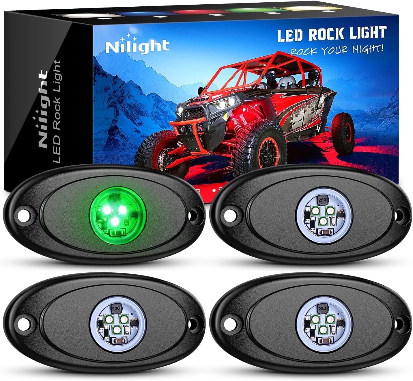 Nilight Led Rock Light 4Pcs Green Light Pods Waterproof Under Body Wheel Well Light Exterior Interior Lights for Car Truck Pickups ATV UTV SUV Motorcycle Boat