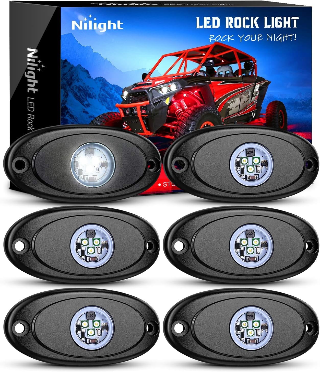 Nilight Led Rock Light 6PCS White Light Pods Waterproof Under Body Wheel Well Light Exterior Interior Lights for Car Truck Pickups ATV UTV SUV Motorcycle Boat