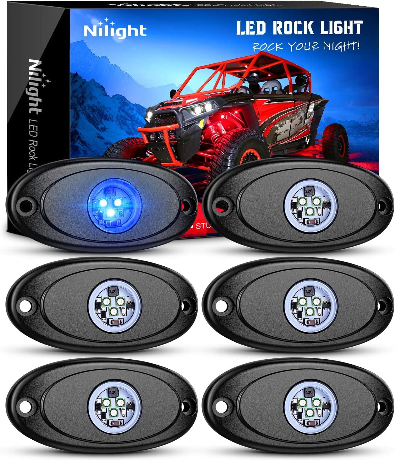 Nilight Led Rock Light 6Pcs Blue Light Pods Waterproof Under Body Wheel Well Light Exterior Interior Lights for Car Truck Pickups ATV UTV SUV Motorcycle Boat