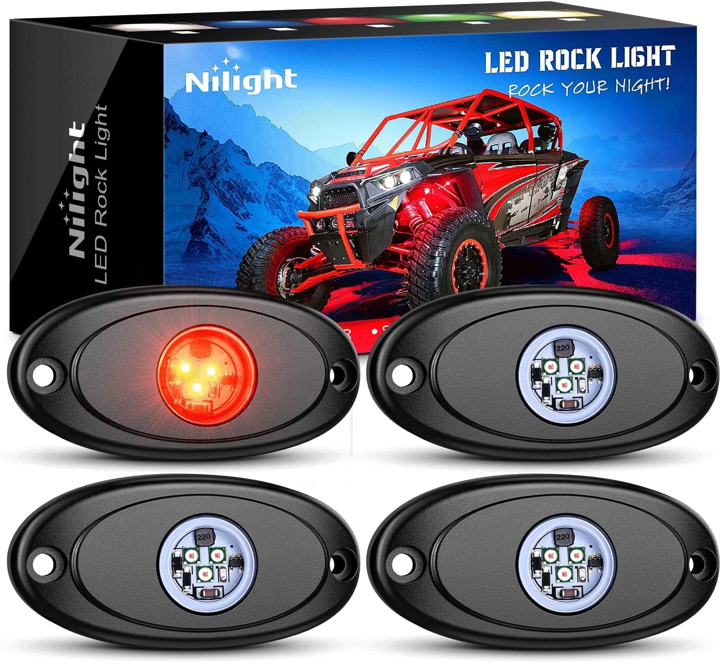 Nilight LedED Rock Light 4Pcs Red Light Pods Waterproof Under Body Wheel Well Light Exterior Interior Lights for Car Truck Pickups ATV UTV SUV Motorcycle Boat