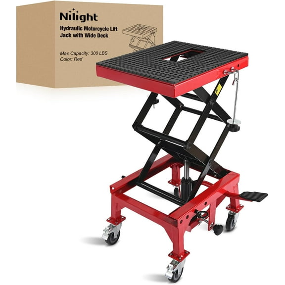 Nilight Motorcycle Lift Table Jack 300 LBS Heavy Duty Hydraulic Motorcycle Scissor Jack Lifts Table Foot Pedal with 4 Caster Wheels Wide Deck for Motorbike Dirt Bike ATV Garage Repair Tool, Red