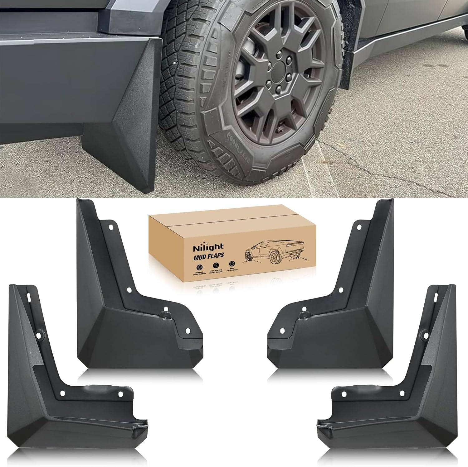 Nilight Mud Flaps for Tesla Cybertruck 2023 2024 2025, No Drilling Precision Fit Exterior Accessories Heavy-Duty Splash Guards Protection, Front & Rear Set