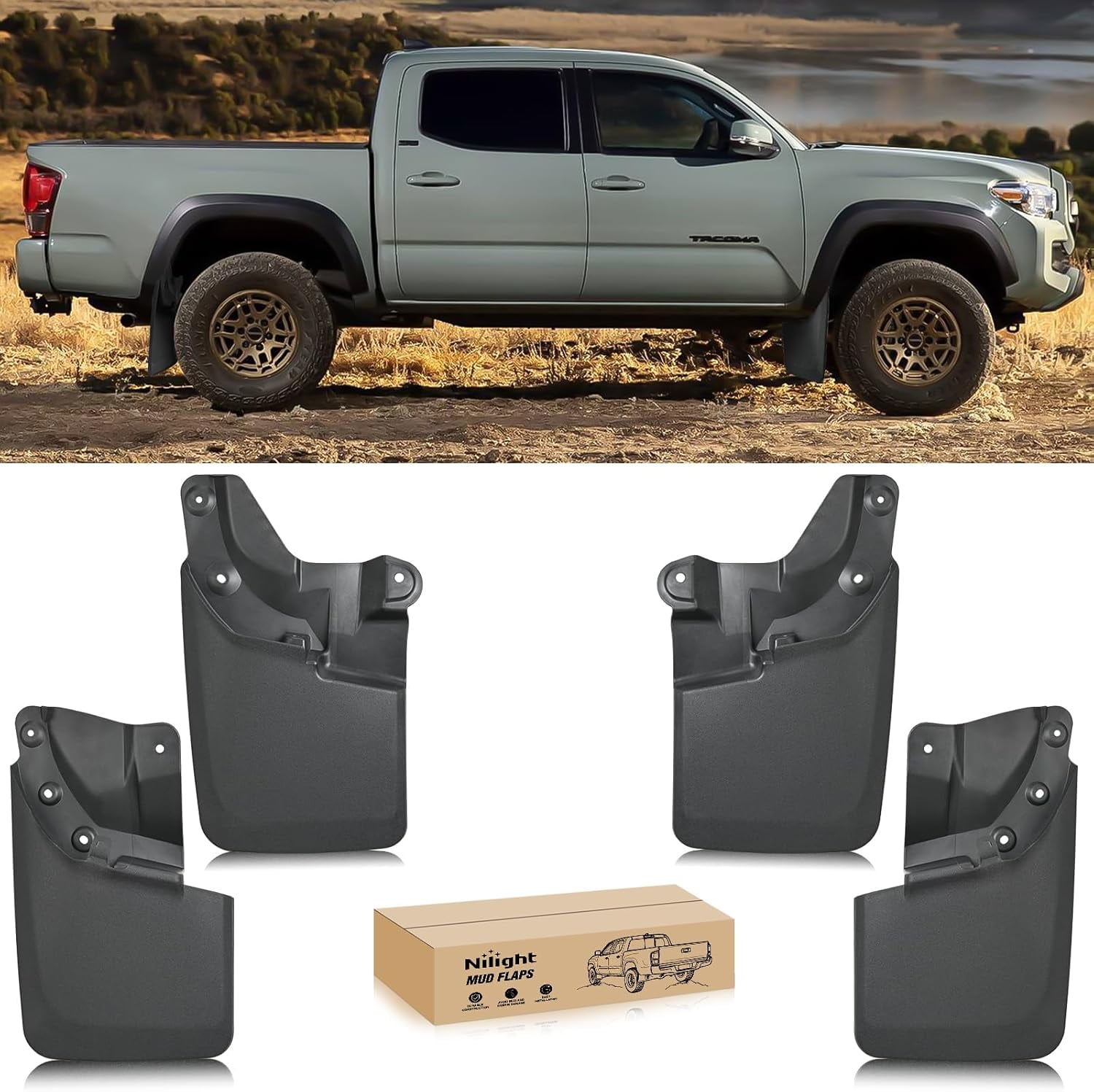 Nilight Mud Flaps for Toyota Tacoma 2016-2023, No Drilling Precision Fit Exterior Accessories Heavy-Duty Splash Guards Protection, Front & Rear Set