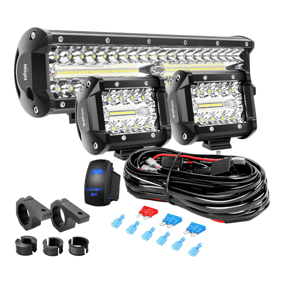 Nilight Off-Road LED Light Bar & Pod Lights Kit with Mounting Brackets, Nilight 12 Inch Driving Light Bar + 4 Inch LED Pods + Wiring Harness, 2-Piece Value Bundle for Trucks, SUV, ATV, UTV