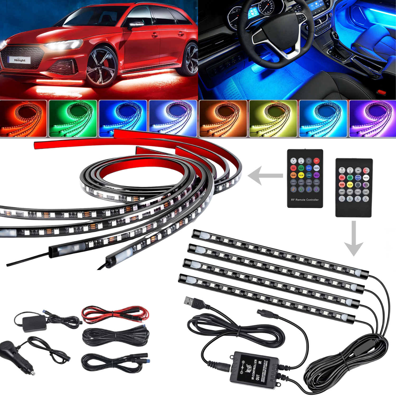 Nilight RGB Car Interior Lights and Exterior Underglow Kit, Multi-Color LED Ambient Lighting System with Remote Control for Cars, Trucks and SUVs
