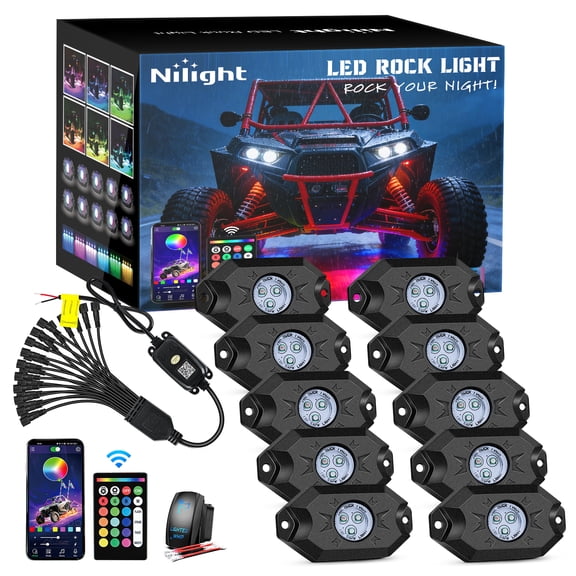 Nilight RGB LED Rock Lights Kit 10 Pods Underglow Multicolor Neon Pod with Remote & Bluetooth App Control DIY Flashing Music Mode Wheel Well Light for Truck ATV UTV RZR SUV