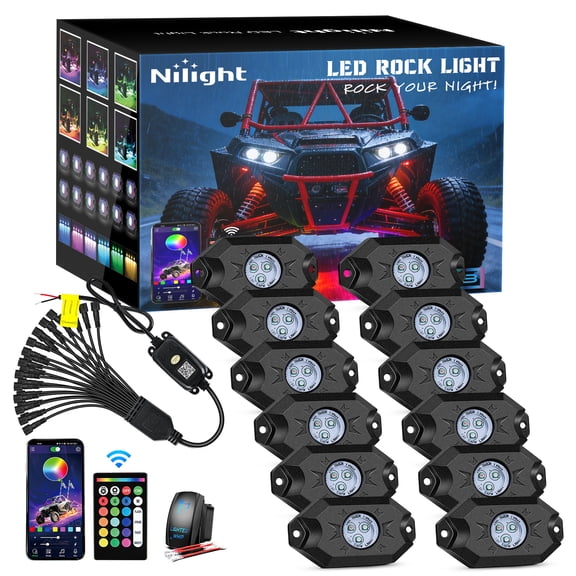 Nilight RGB LED Rock Lights Kit 12 Pods Underglow Multicolor Neon Pod with Remote & Bluetooth App Control DIY Flashing Music Mode Wheel Well Light for Truck ATV UTV RZR SUV
