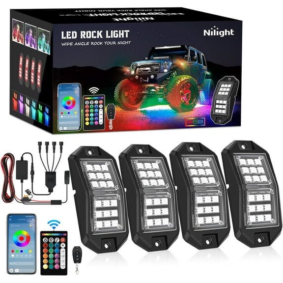 Nilight RGB LED Rock Lights Kit 4 PCS 18LED Wide Angle Wheel Well Light with Remote & Bluetooth App Dual Control Multi Modes Underglow Multicolor Neon Pod for ATV UTV SUV Offroad Truck RZR Boat