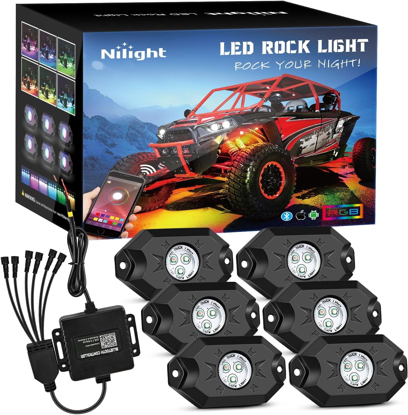 Nilight RGB LED Rock Lights Kit, 6 pods Underglow Multicolor Neon Light Pod with Bluetooth App Control Flashing Music Mode IP68 Exterior Wheel Well Light for Truck ATV UTV RZR SUV