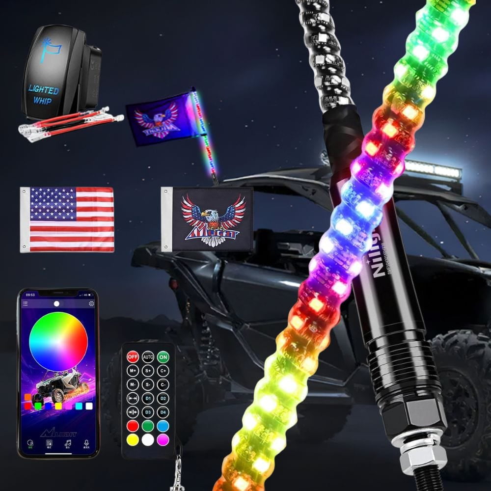 Nilight RGB Whip Light 1PC 3FT Lighted Antenna Whips with Remote & App Control DIY Chasing Patterns Brake Reverse Lights for ATV UTV Polaris RZR Can-am Dune Buggy Pickup Trucks Jeep