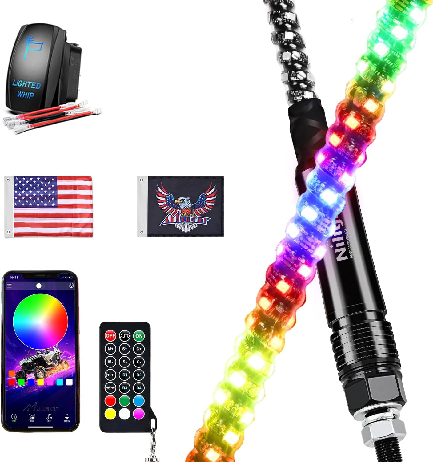 Nilight RGB Whip Light 1PC 4FT Lighted Antenna Whips with Remote & App ...
