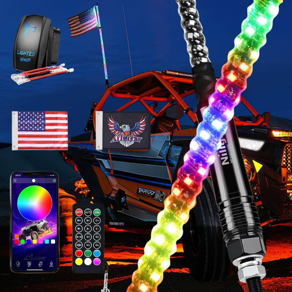 Nilight RGB Whip Light 1PC 5FT Lighted Antenna Whips with Remote & App Control DIY Chasing Patterns Brake Reverse Lights for ATV UTV Polaris RZR Can-am Dune Buggy Pickup Trucks Jeep