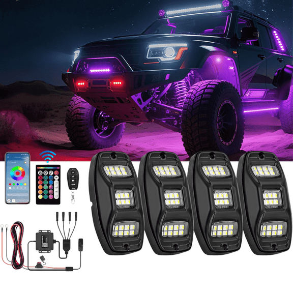 Nilight RGBW LED Rock Lights Kit, 4 Pods 22LED, Wide Angle, Dual Control via Remote & Bluetooth App, Music Modes, Multicolor Underglow for ATV UTV SUV Off-Road Truck RZR Boat