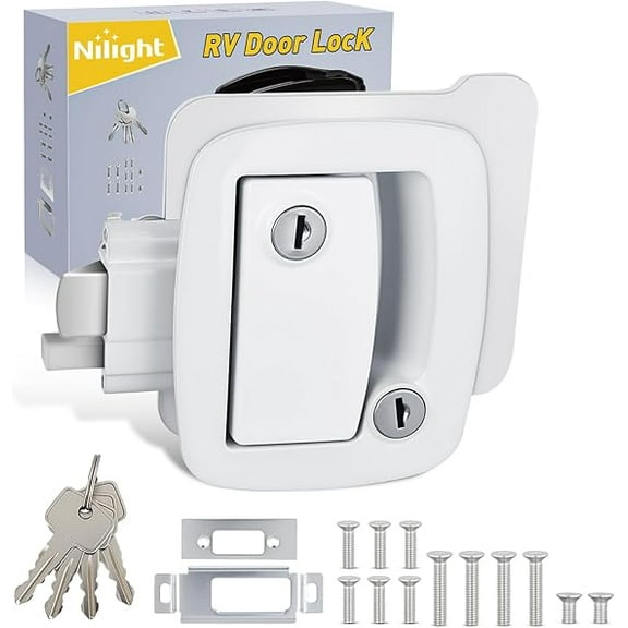 Nilight RV Door Lock Replacement White with Paddle Deadbolt Zinc Alloy Entry Locks Handle Latch 4 Keys  Locking Kit Fits RVs Campers Travel Trailers
