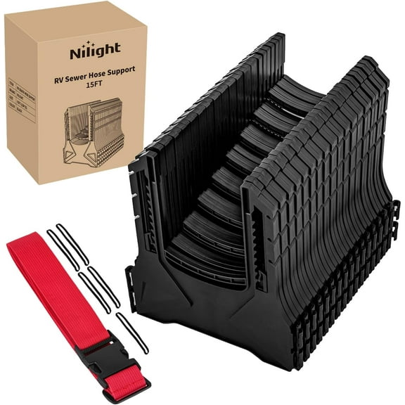 Nilight RV Sewer Hose Support 15Ft, Telescoping Design Avoid Obstacles and Height Adjustable for Camper Drainage,Stable Deep U Shape Cradles Secure with Strap and Rubber Bands, Black
