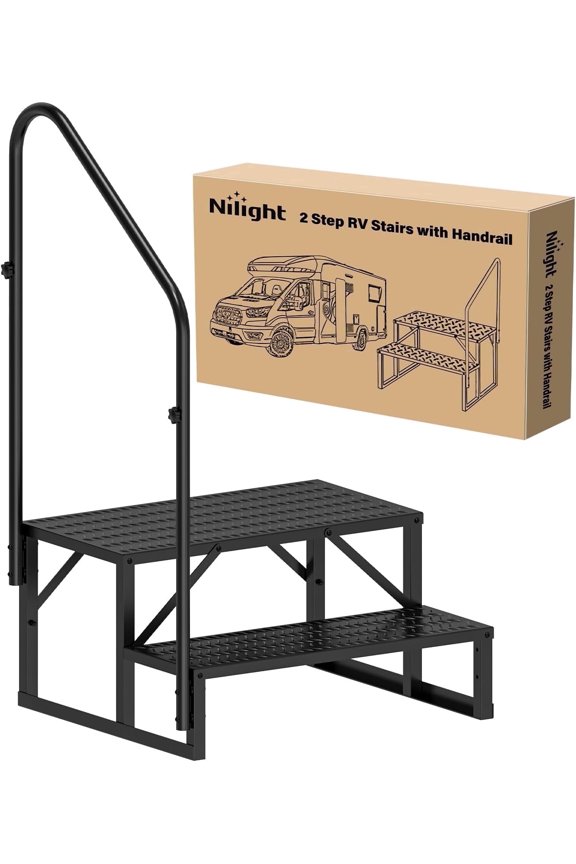 RV Steps with Handrail, 2 Steps Hot Tub Steps Outdoor RV Stairs Step Portable Mobile Motor Home Stairs for Camper Travel Trailers Dock Entry Steps 5th Wheel RV Porch with Anti-Slip Handrail