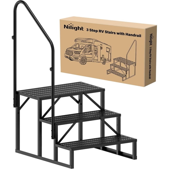 Nilight RV Steps with Handrail, 3 Steps Hot Tub Steps Outdoor RV Stairs Step Portable Mobile Motor Home Stairs for Camper Travel Trailers Dock Entry Steps 5th Wheel RV Porch with Anti-Slip Handrail