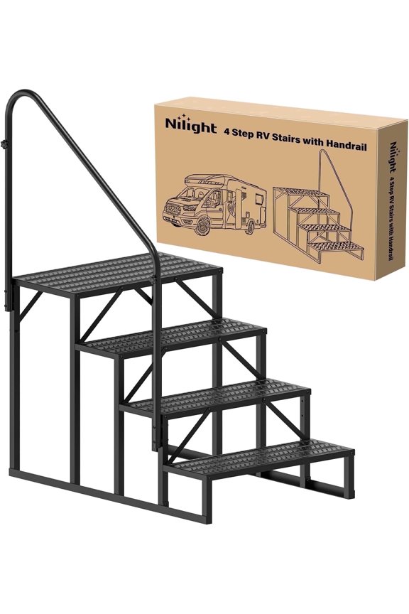RV Steps with Handrail, 4 Steps Hot Tub Steps Outdoor RV Stairs Step Portable Mobile Motor Home Stairs for Camper Travel Trailers Dock Entry Steps 5th Wheel RV Porch with Anti-Slip Handrail