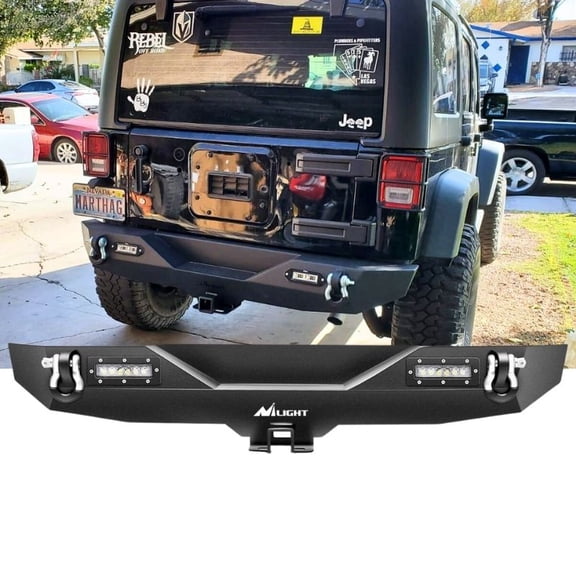 Rear Bumper Compatible with 2007-2018 Jeep Wrangler JK, Rock Crawler Bumper with Hitch Receiver & 2 X 18W LED Lights & 2 X D-Rings, Textured Black