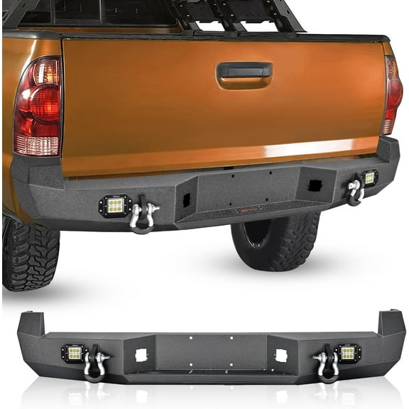 Rear Step Bumper for 2005- 2015 Toyota Tacoma Full Width Pickup Truck Textured Black Solid Steel Off-Road 18W Lights D-Rings