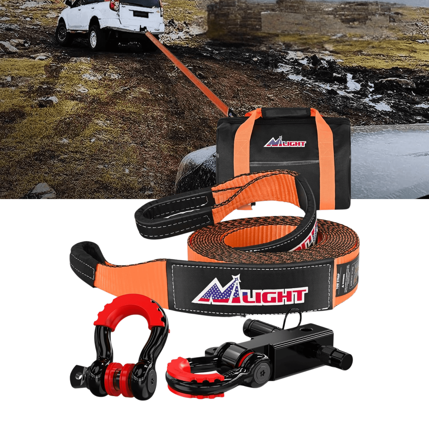 Nilight Recovery Tow Strap Kit 3 Inch x 30 Ft Heavy Duty Tow Rope with 2 Inch Hitch Receiver and 3/4 Inch Anti-Theft D Ring Shackles Storage Bag for Car Truck SUV ATV 31500 LBS Break Strength