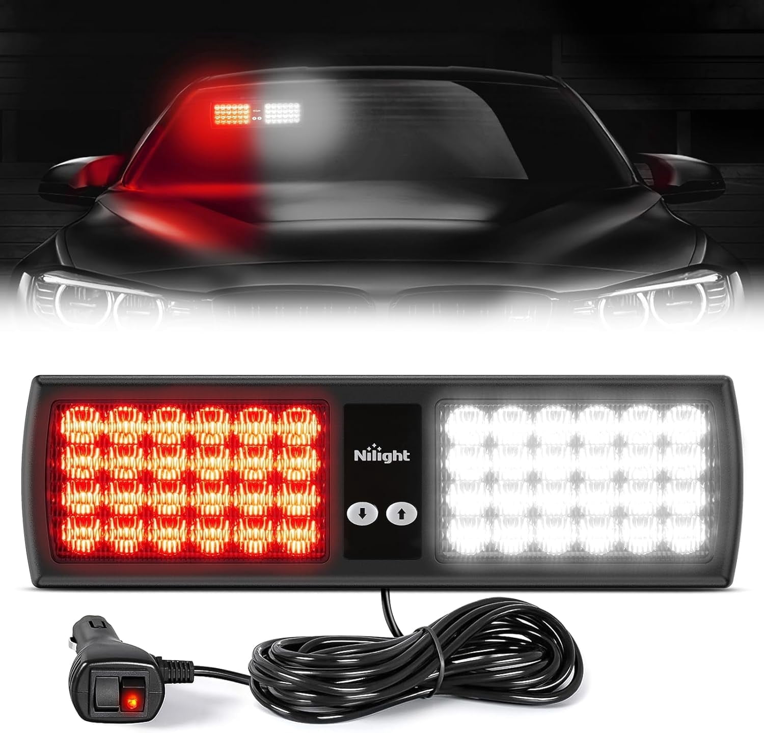 Nilight Red White 48LED Visor LED Strobe Lights Interior Windshield Emergency Warning Light Super Bright