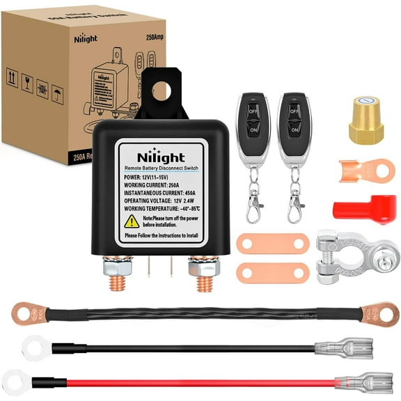 Nilight Remote Battery Disconnect Switch 12V 250A Car Anti-Theft Kill Switches Upgrade Prevent Power Drain with Wireless Remote Control Relay Fobs Black Negative Cable for Auto Truck RV Boat