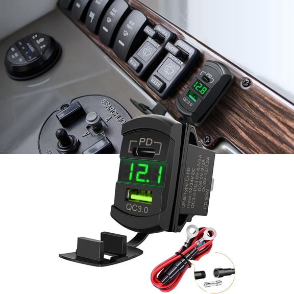 Rocker Switch Style USB Charger, Quick Charge 12V PD Type-C and QC 3.0 with Green LED Voltmeter and Inline Fuse for Boats, RVs, Trucks, and Cars