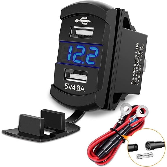 Nilight Rocker Switch Style Dual USB Outlet LED Voltmeter Quick Connector 12V Car Replacement with Inline Fuse for Boats RVs Trucks Cars