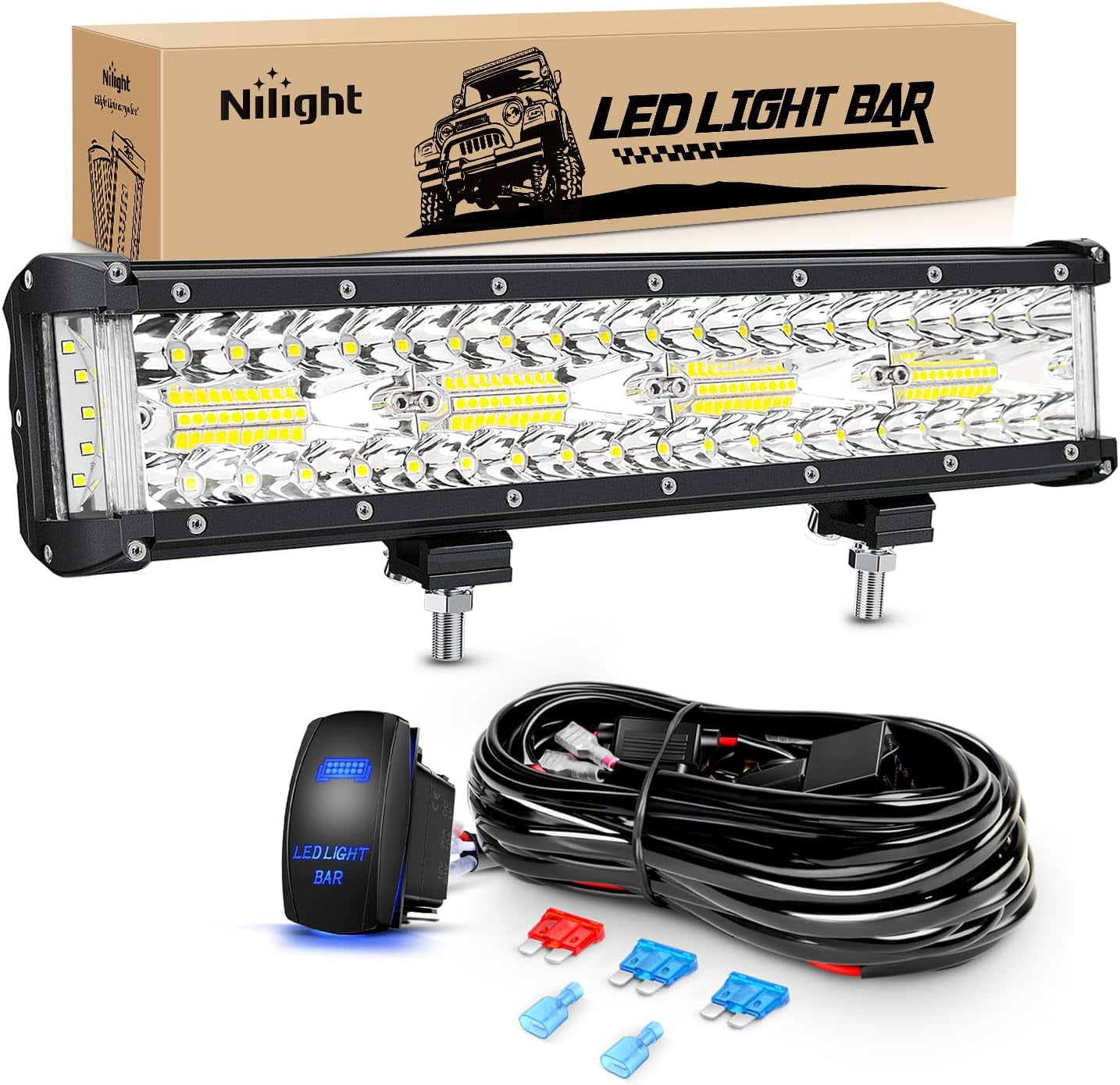 Nilight Side Shooter LED Light Bar 12Inch Triple Row Spot Flood Combo Lights Work Lighting with 5Pin Rocker Switch Wiring Harness Kit for Off Road Light on Truck SUV ATV UTV