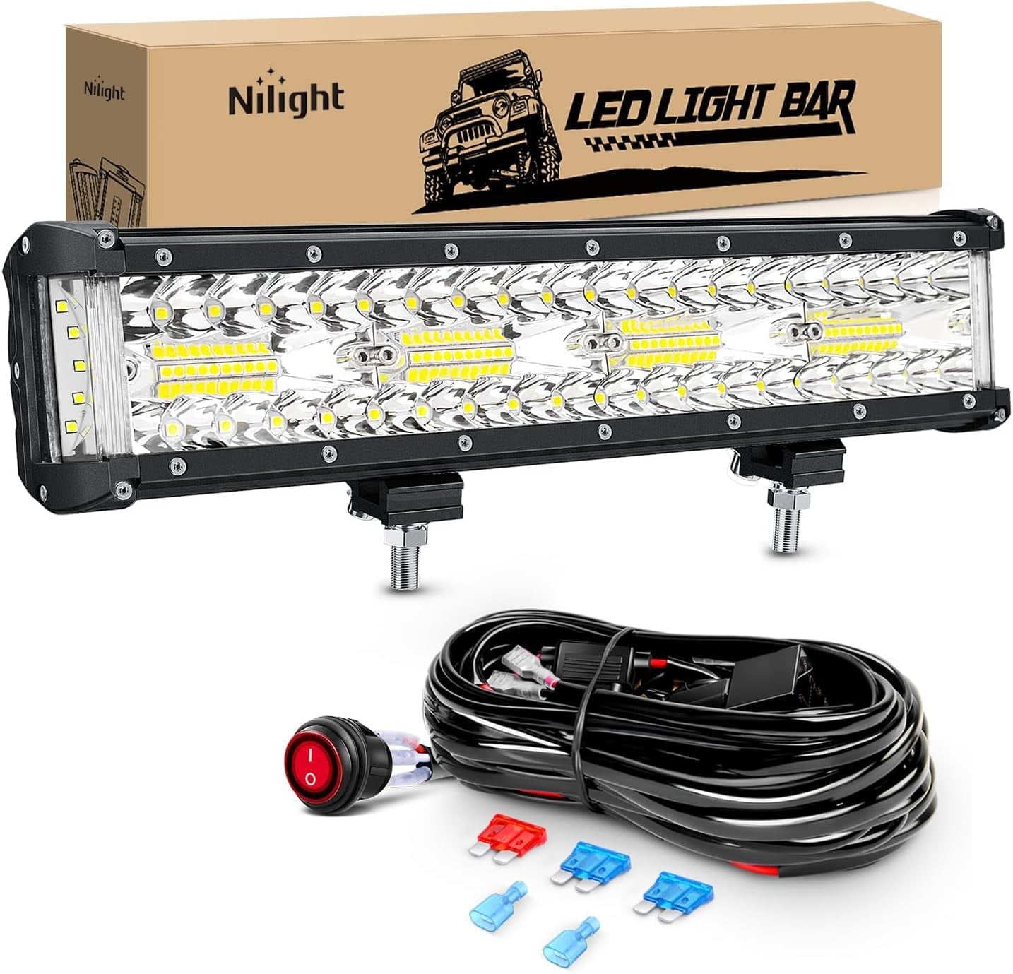 Nilight Side Shooter LED Light Bar 1PC 12Inch Triple Row Spot Flood Combo Lights Led Work Light with Wiring Harness Kit for Off Road Fog Light Driving Light on Truck SUV ATV UTV
