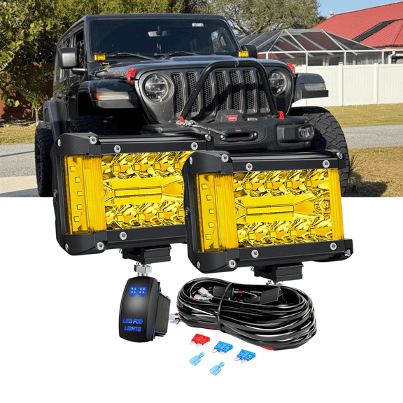 Nilight Side Shooter LED Light Bar 2PCS 4.3 Inch Triple Row Spot Flood Combo Yellow Beam Lights with 5 Pin Rocker Switch Wiring Harness Kit for Truck SUV ATV UTV Off Road Lighting